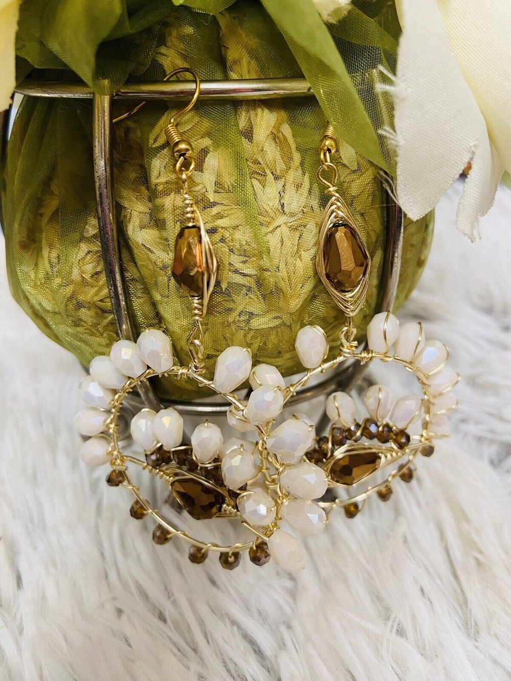Oro Laminado 3.5" Long Crystal Silver Rhinestone Mexican Handmade Earrings Round